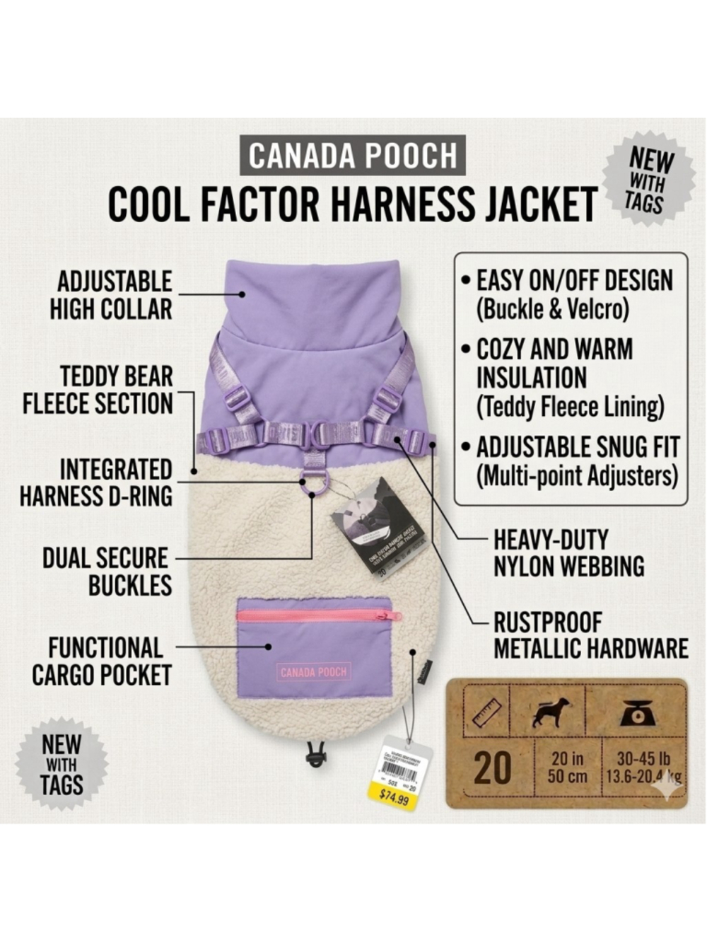Canada Pooch Cool Factor Harness Jacket Lavender Dog Vest Coat Size 20 NWT